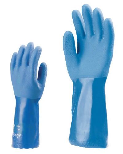 3770 sav-, lúg- és olajálló kék PVC kesztyű 35 cm hossz
